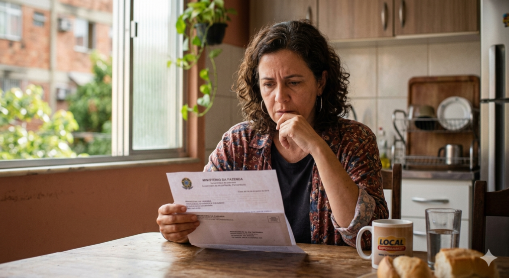 Mulher preocupada lendo carta do INSS sobre auxílio-doença negado