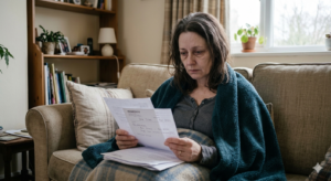 Mulher preocupada com documento de auxílio-doença negado pelo INSS analisando como recorrer